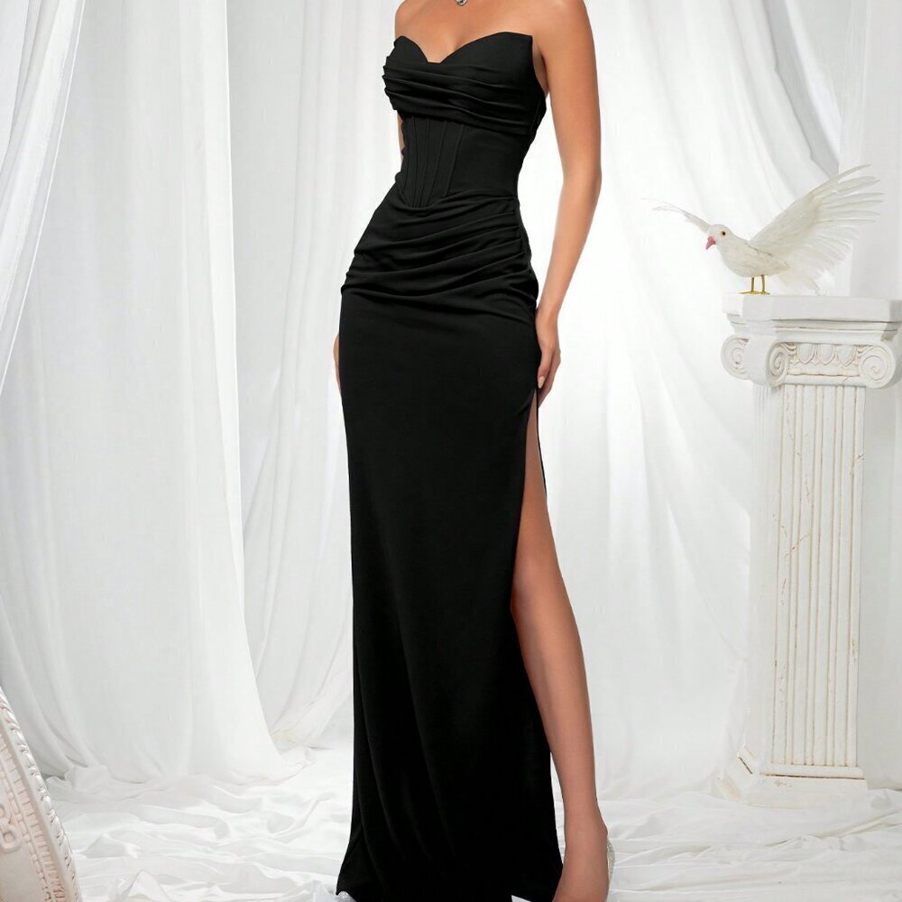 Black Party Women's Elegant Strapless Flattering Fitted Satin  Dress - Picture 3 of 6